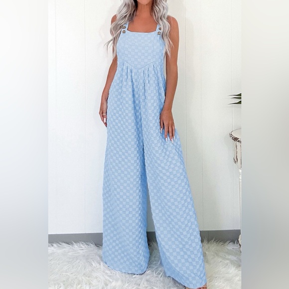 Light Blue Checkered Jumpsuit Wide Leg Pockets